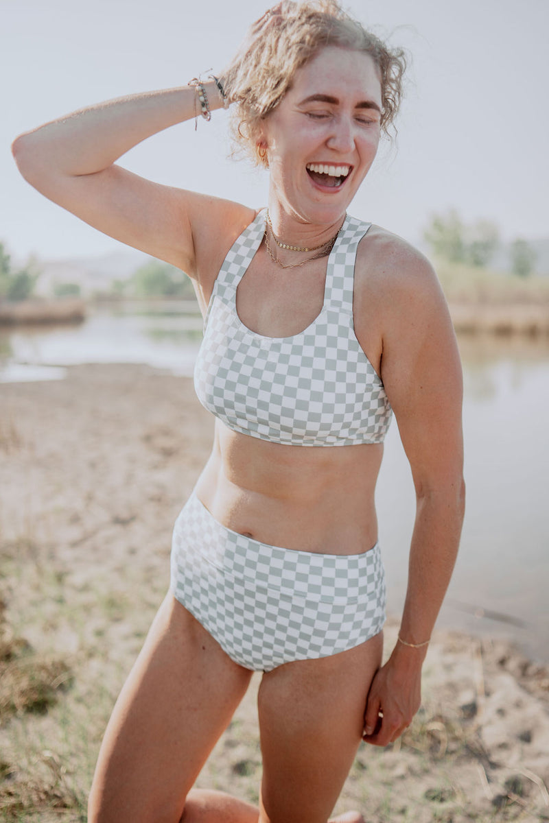 Olive Green and White Checkered Swimsuit Top