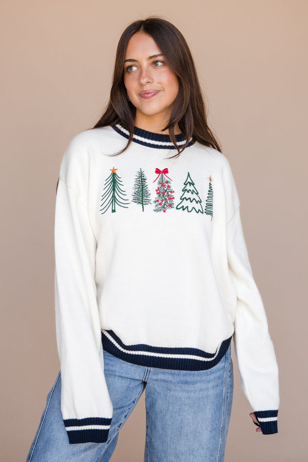Tiny Tree Sweater-Cream/Navy
