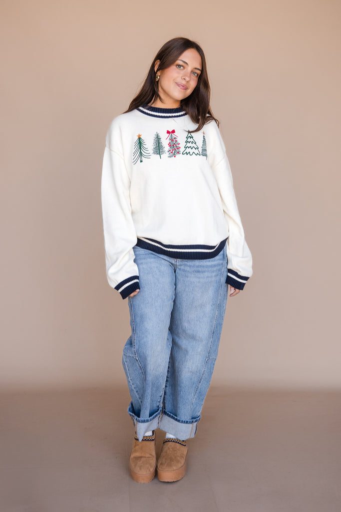 Tiny Tree Sweater-Cream/Navy