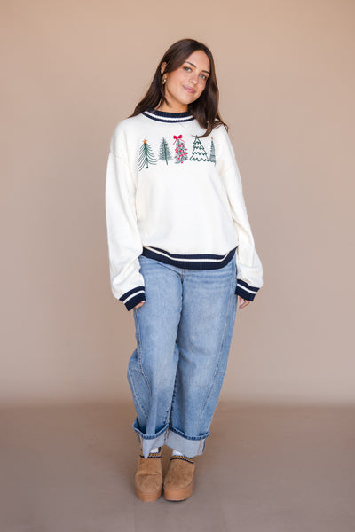 Tiny Tree Sweater-Cream/Navy