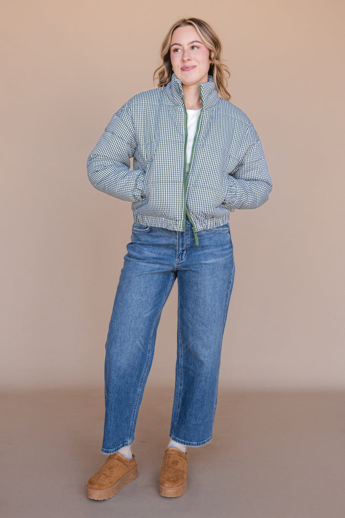 Lucky Puffer Jacket-Green Gingham