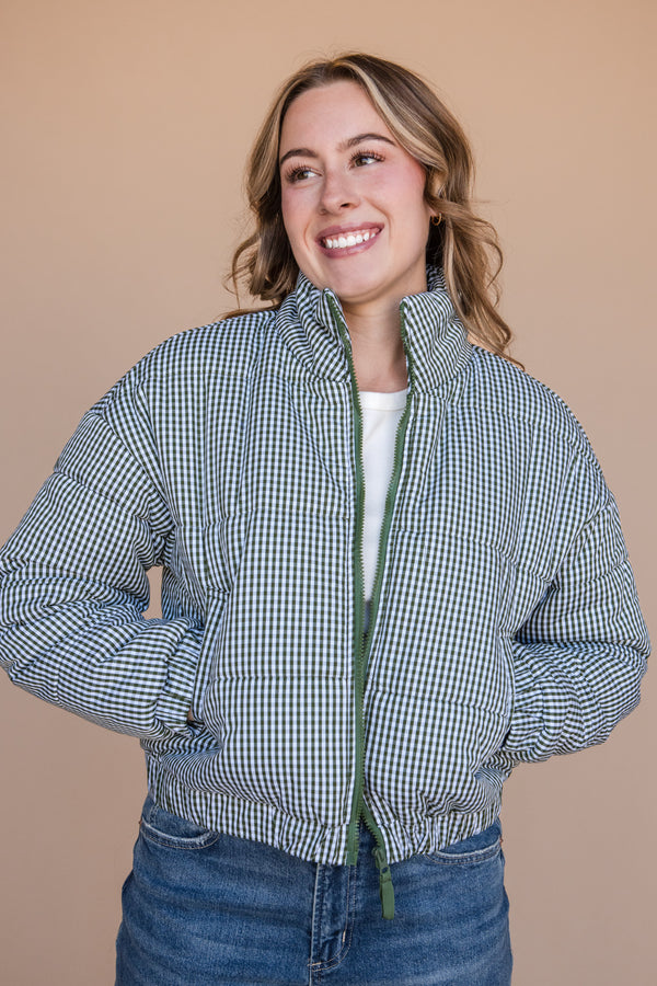 Lucky Puffer Jacket-Green Gingham