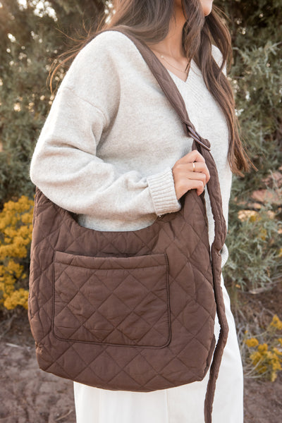 Thread Quilted Large Slouchy Bag-Chocolate