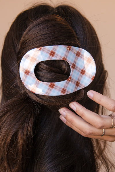 Lay Flat Claw Clip-Brown/Blue Plaid
