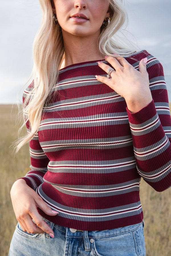 Cassie Top-Burgundy Stripe