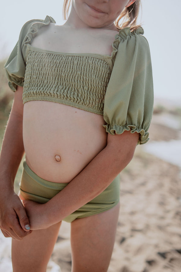 Little Girl's Sleeved Bikini Set-Green Ribbed