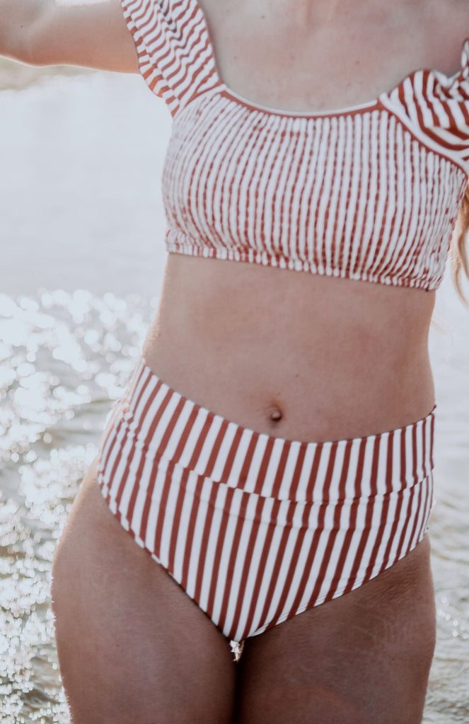 High Waisted Swim Bottoms-Terracotta Stripe