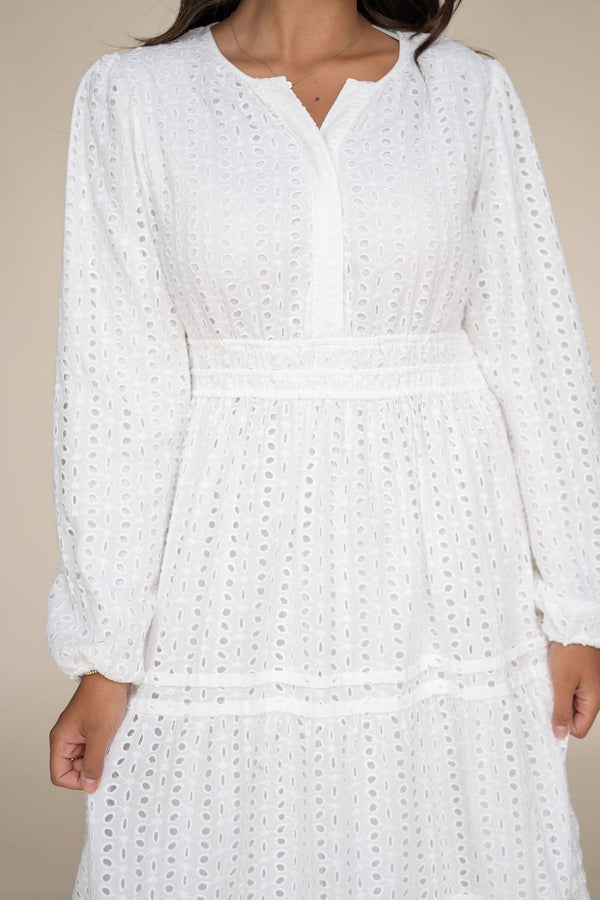 Caribbean Dress Long Sleeve-White Eyelet