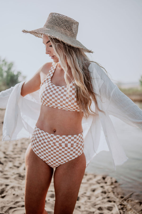 Basic Swim Top-Tan Checkered