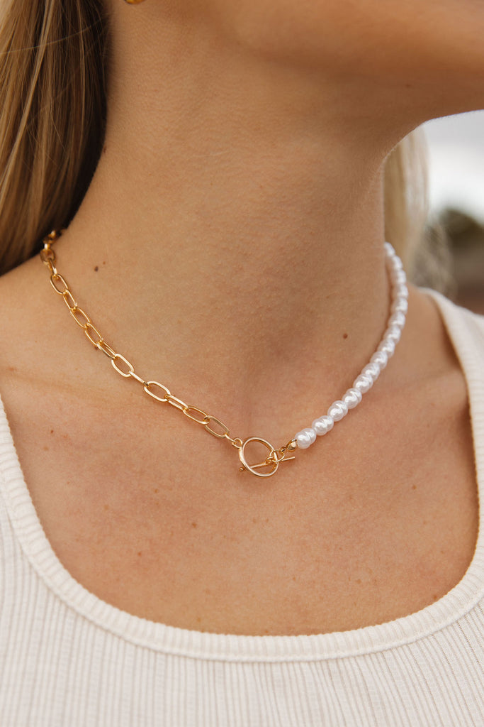 Pearl Chain Necklace-Gold