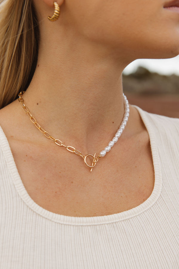 Pearl Chain Necklace-Gold