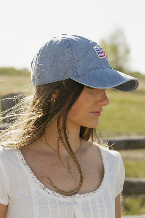 American Flag Baseball Cap-Denim