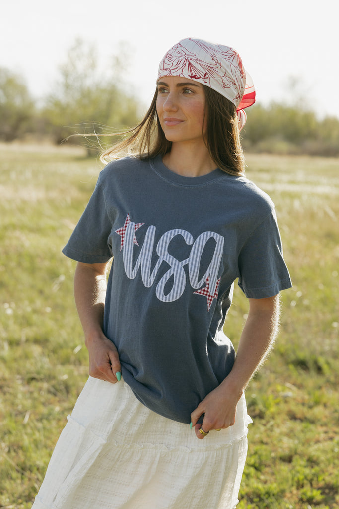 Patched and Patriotic Tee-Washed Blue