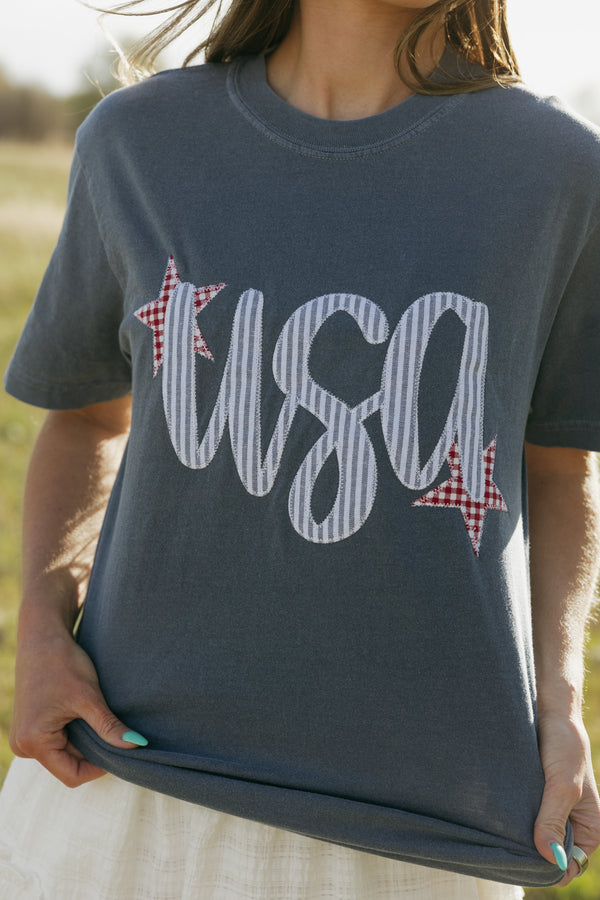 Patched and Patriotic Tee-Washed Blue