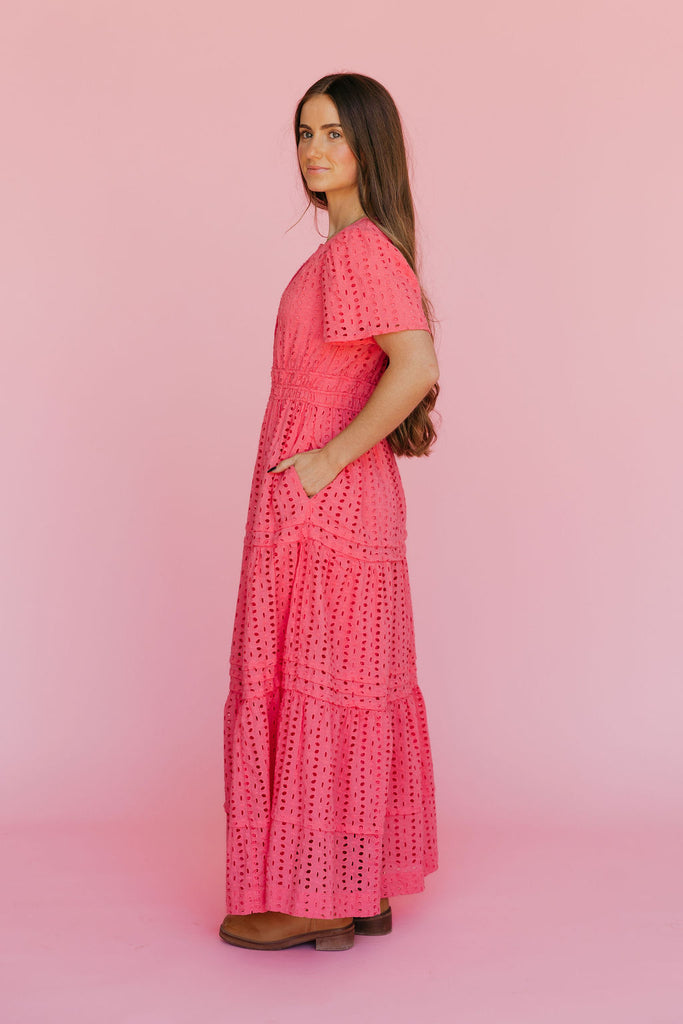 pink eyelet maxi dress 100% Cotton Pink Eyelet Cutout Midi Dress - All Dresses