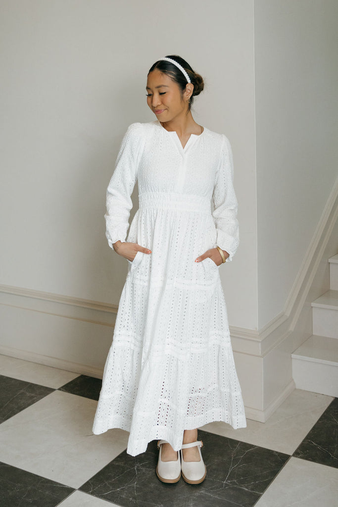 Caribbean Dress Long Sleeve-White Eyelet Love Olive Co Caribbean Dress Long Sleeve-White Eyelet Love Olive Co