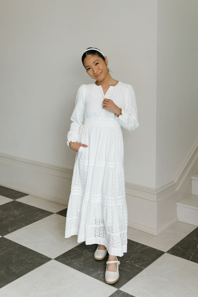 Caribbean Dress Long Sleeve-White Eyelet Petite / XS