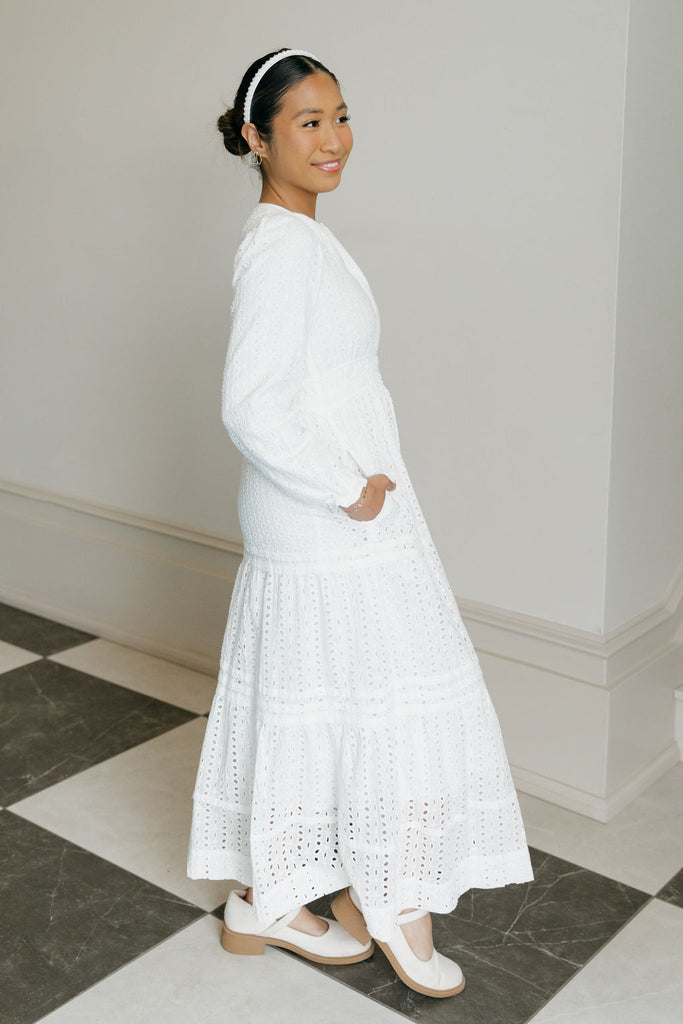Caribbean Dress Long Sleeve-White Eyelet Petite / XS Caribbean Dress Long Sleeve-White Eyelet Petite / XS
