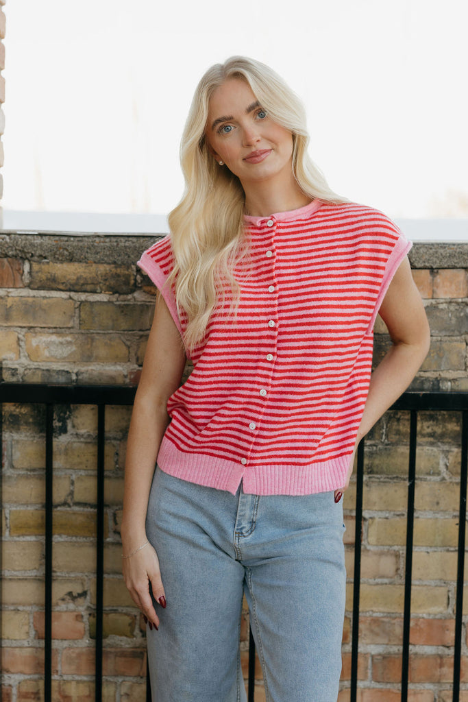 Abby Sweater Vest-Pink/Red Stripe