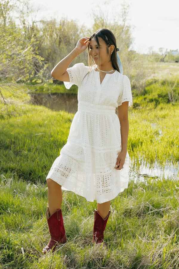 Caribbean Dress Knee Length-White Eyelet