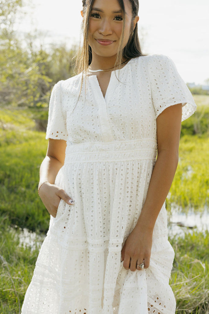 knee length eyelet dress Caribbean Dress Knee Length-White Eyelet – Love Olive Co