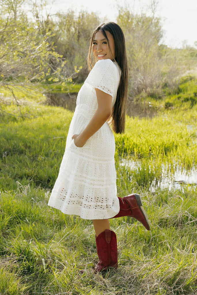 Caribbean Dress Knee Length-White Eyelet  Love Olive Co