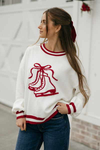 Sweet Skates Sweater-Ivory/Red