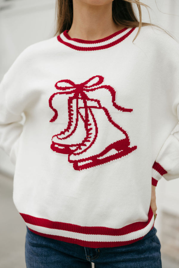 Sweet Skates Sweater-Ivory/Red
