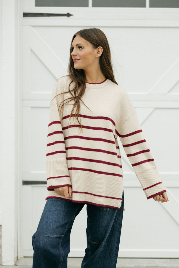 Phoebe Sweater-Beige/Burgundy