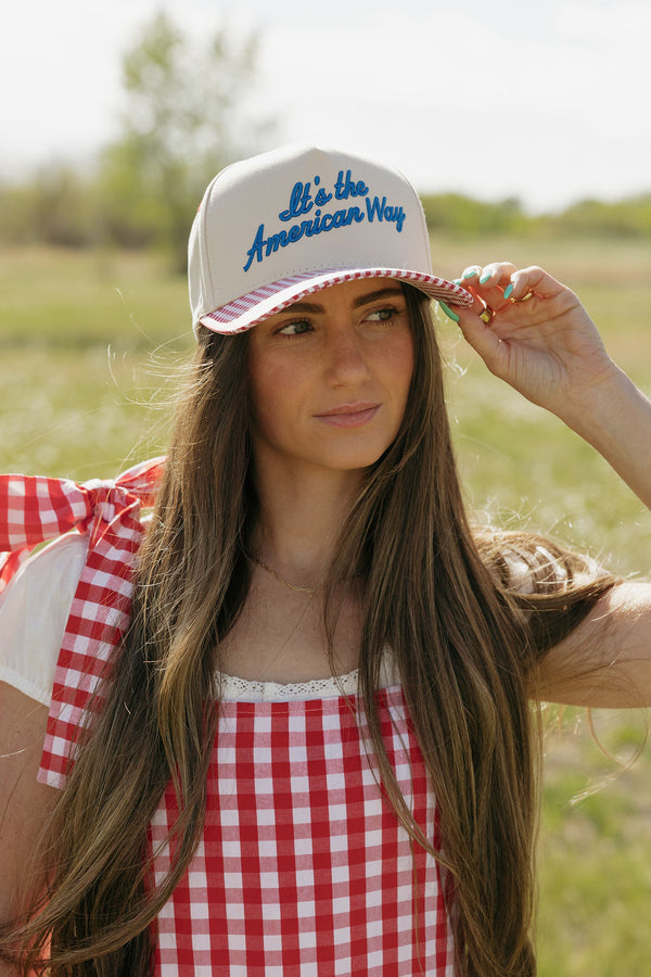 American Way Trucker Hat-Beige/Gingham