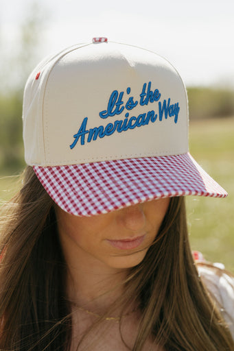 American Way Trucker Hat-Beige/Gingham