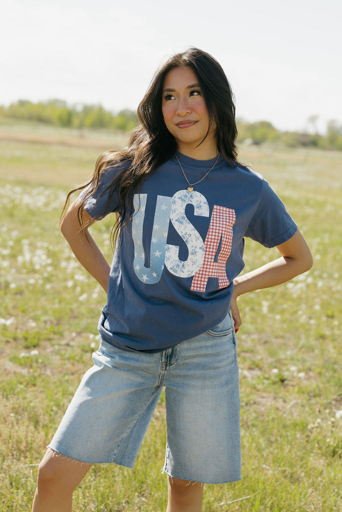 USA Patchwork Tee-Blue