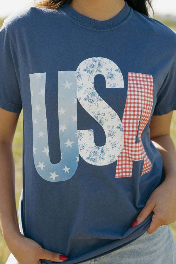 USA Patchwork Tee-Blue