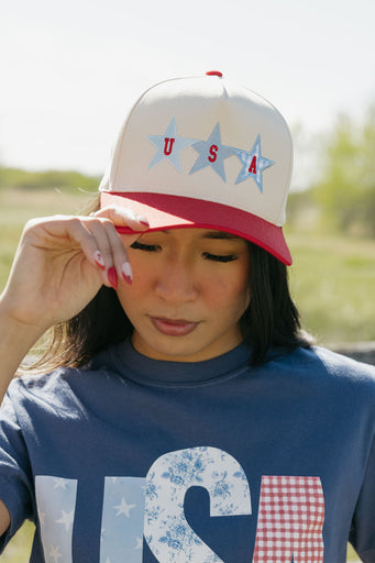 USA Stars Trucker Hat-Beige/Red