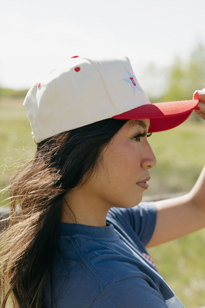NEW Red & White Mesh Trucker Snap Back Hat Black Star Checkered Flags Cherries Stars N Stripes Hat | Patriotic Trucker Style | Kimes Ranch main image 4