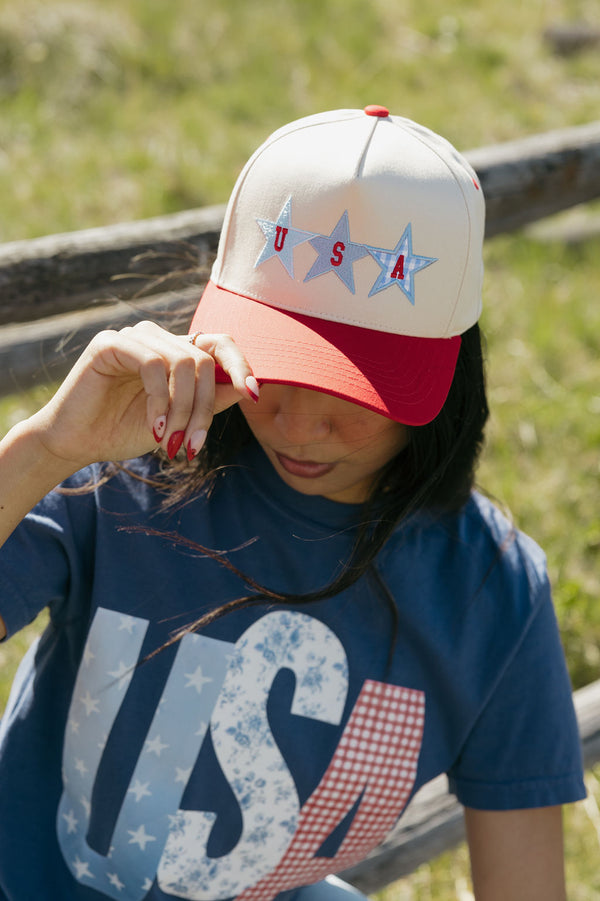 USA Stars Trucker Hat-Beige/Red
