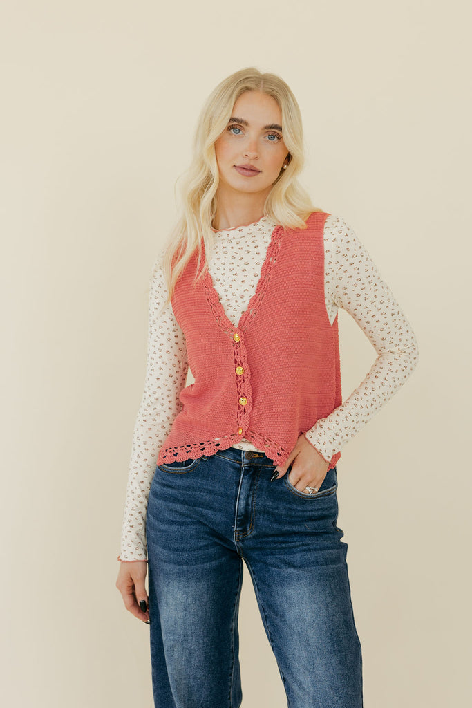 Marietta Crochet Vest-Coral