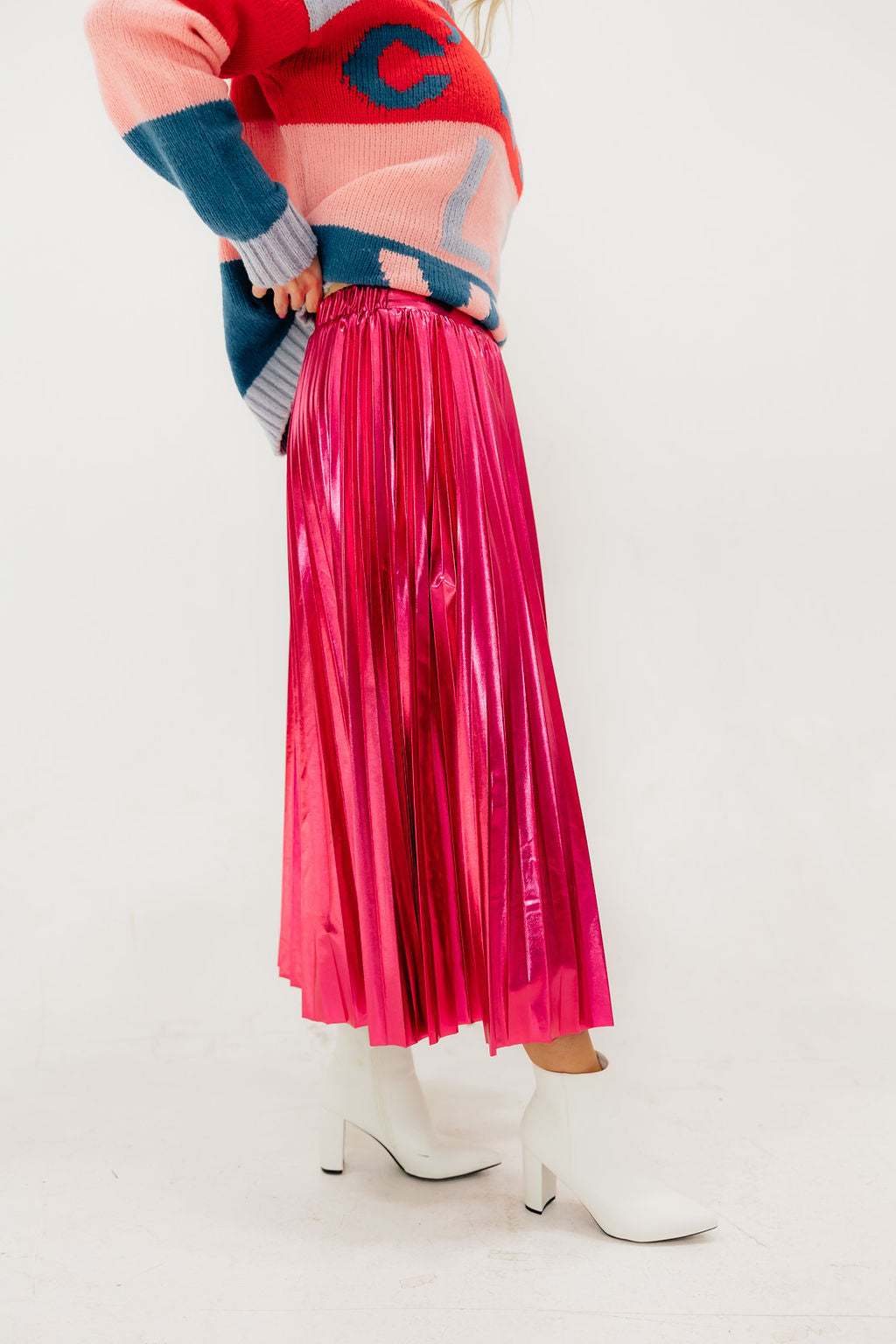 Pink Metallic Pleated Skirt
