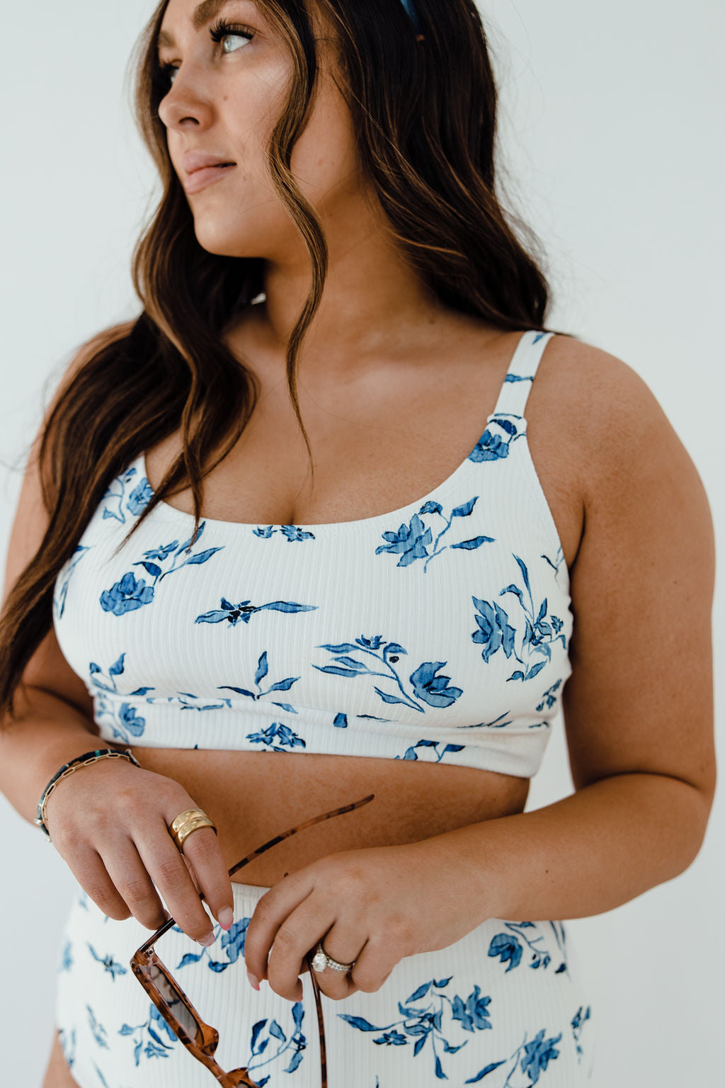 Women's White And Blue Swim Tops - Floral Bikini Tops
